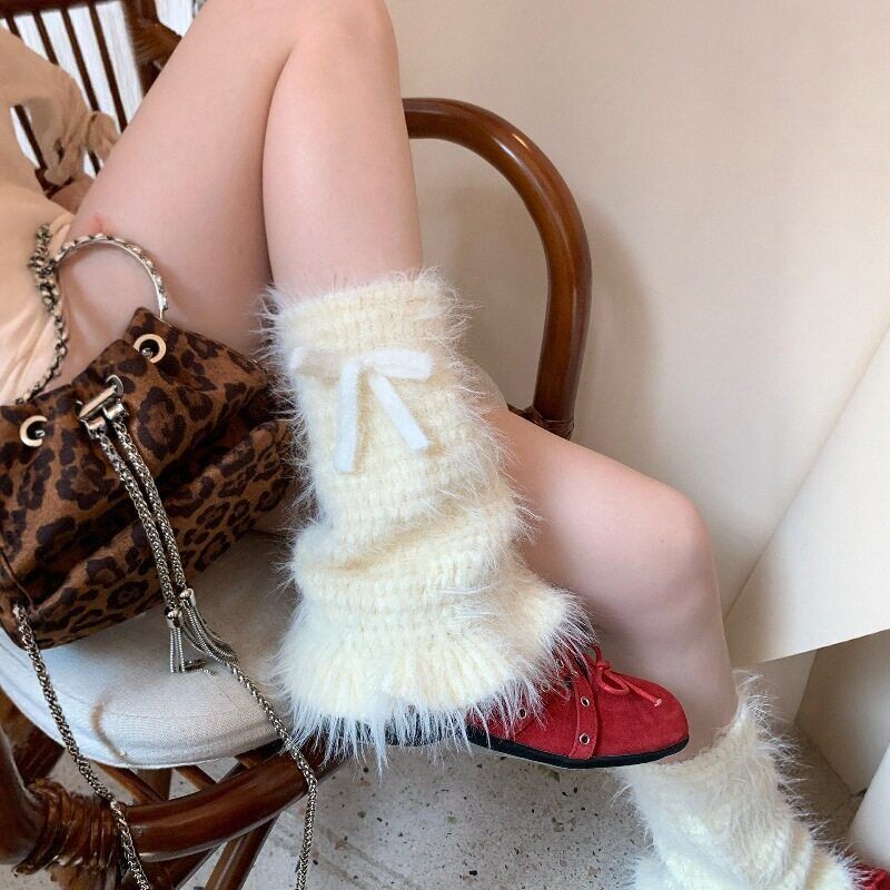 秋冬纯色水貂毛保暖袜套微喇显瘦堆堆袜甜美花边蝴蝶结护腿腿套