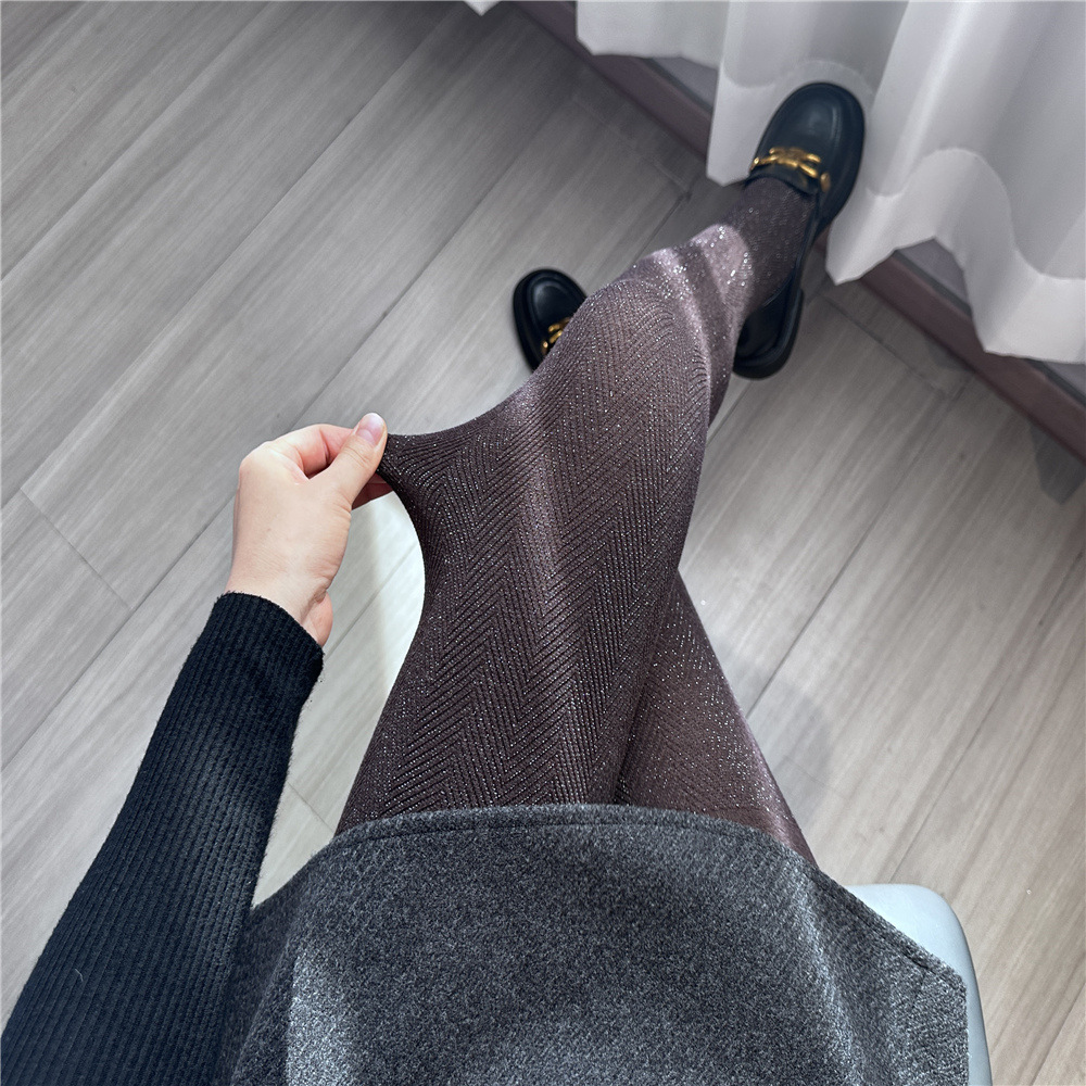人字纹银丝连裤袜灰色打底袜显瘦外穿棉质春秋款百搭连体袜