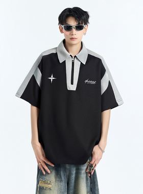 dnnnnx重磅美式小众潮牌宽松刺绣字母polo领短袖T恤男女同款夏季