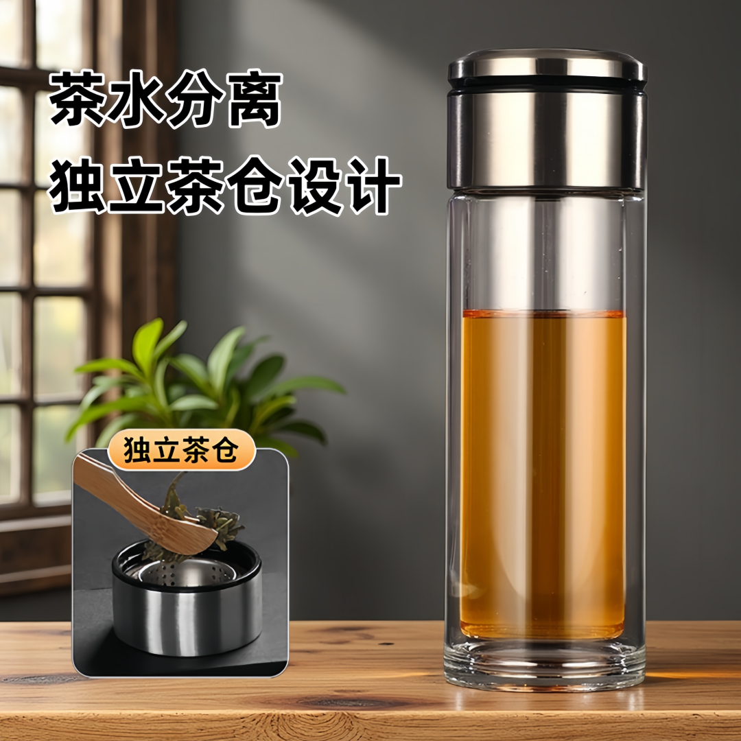 茶水分离泡茶杯加厚高硼硅双层玻璃水杯耐热防烫独立茶仓设计杯子