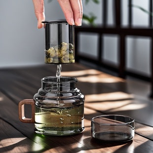 高硼硅玻璃墩墩壶加厚耐高温茶水分离泡茶杯煮茶壶带木把功夫茶具