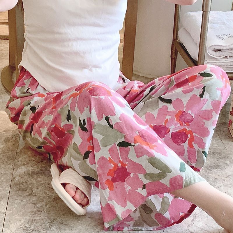 女士2025夏季新款可外穿棉绸裤子薄款宽松休闲居家碎花阔腿睡裤