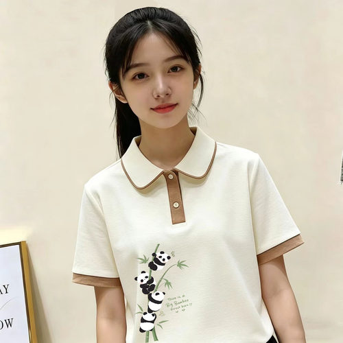 纯棉POLO领学院风熊猫国风T恤女