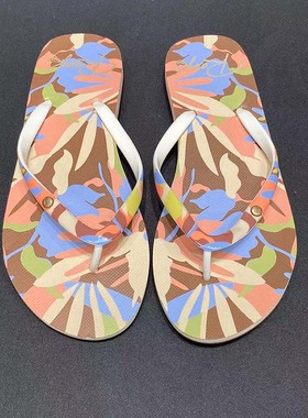 现货ROXY2025夏季新款碎花平跟凉拖鞋女简约时尚百搭沙滩人字拖