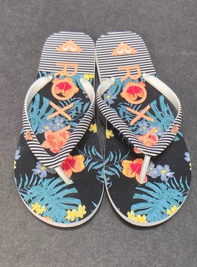 ROXY新款印花女度假旅游软平底轻便舒适人字拖透气绿色花底拖鞋