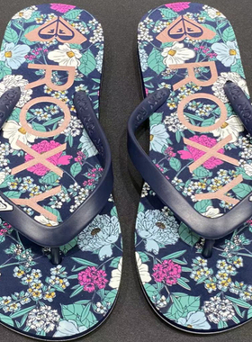 现货ROXY2025夏季网红新款凉拖鞋女蓝色花卉时尚百搭沙滩人字拖