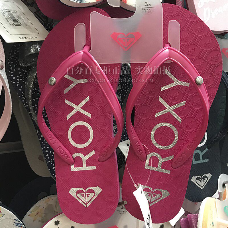 ROXY新款胶粘鞋沙滩冲浪潮牌女亲子玫红色平底防滑显瘦百搭人字拖