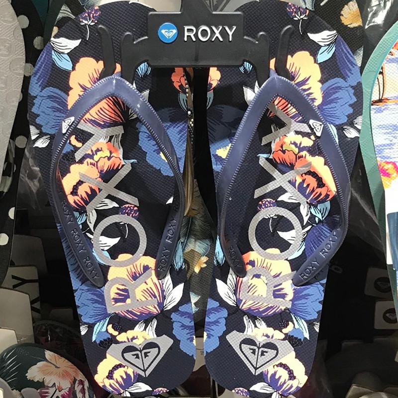 现货ROXY2026夏季宝蓝色花底凉拖鞋女简约时尚百搭人字拖