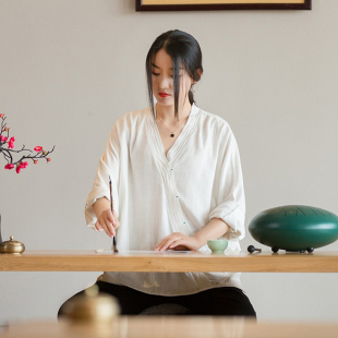 亚麻T恤衫2025新款春夏复古禅意女式上衣汉服改良大V领七分袖茶服