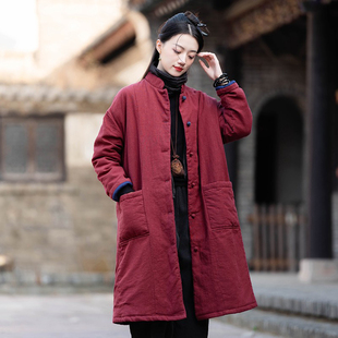 棉麻女装秋冬新款中国风高端棉服中式复古立领夹棉外套中长款棉衣