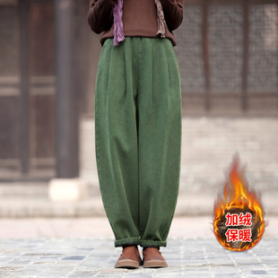 加绒裤子女秋冬款苎麻炒色做旧加厚休闲裤宽松百搭垂感保暖灯笼裤