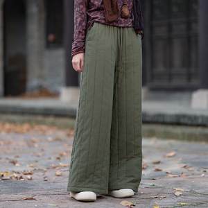 棉麻夹棉裤女外穿新中式苎麻绗缝保暖长裤子秋冬季国风加厚阔腿裤