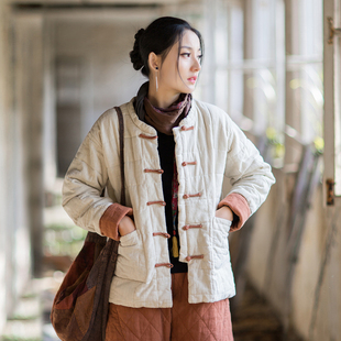 棉袄 棉衣国风年轻款 新中式 棉麻夹棉外套方格绗缝棉服文艺禅意短款