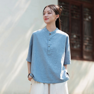 中国风女装夏季新款复古盘扣苎麻短袖上衣新中式小衫禅意棉麻衬衫