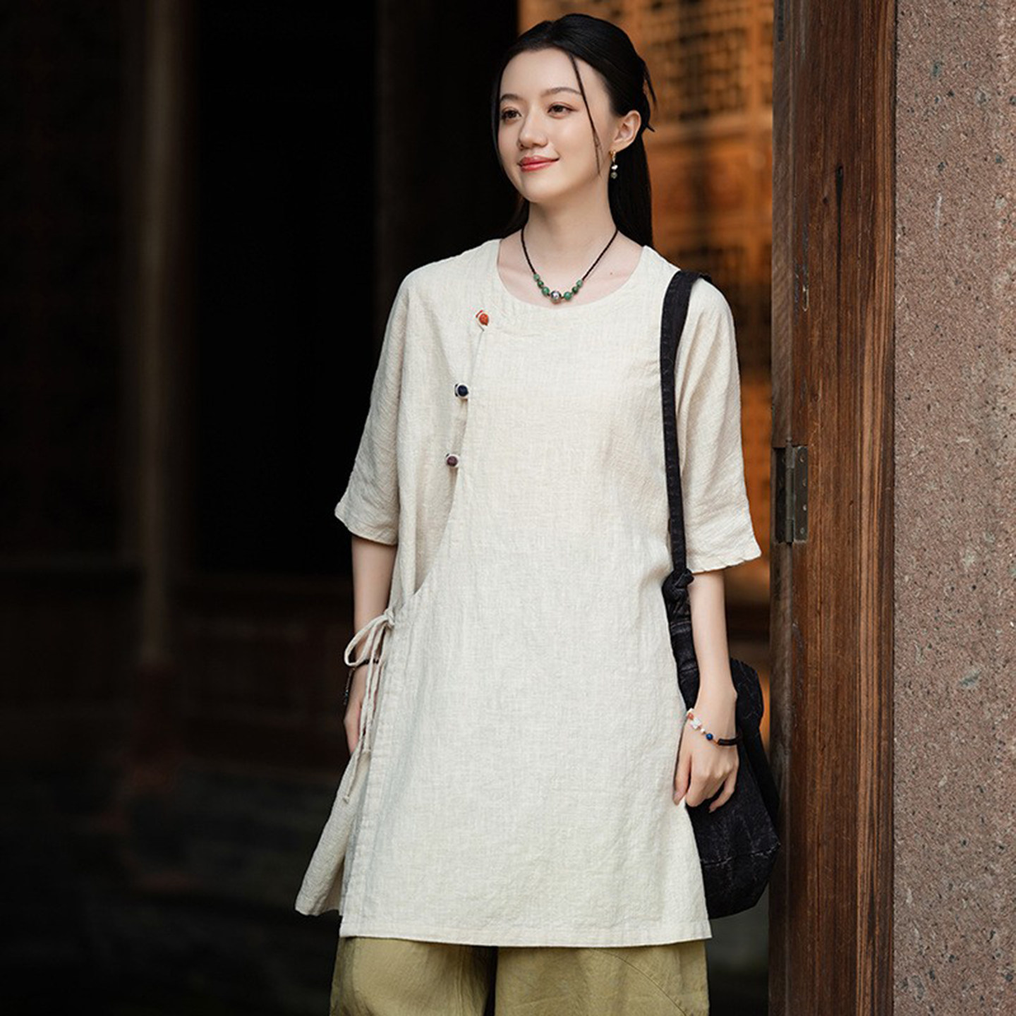 国风斜襟棉麻上衣苎麻盘扣禅茶服