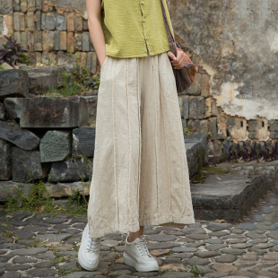 夏季 百搭显瘦文艺休闲裤 新款 子女款 高端苎麻做旧毛边裤 棉麻九分裤
