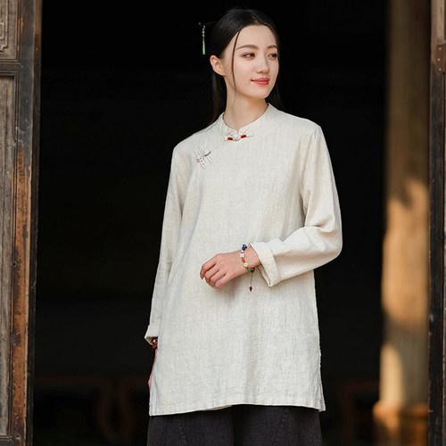 新中式长袖偏襟上衣女中长款茶服