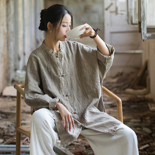 清冷感上衣女春秋新款苎麻盘扣中长款开衫宽松禅意茶服新中式外套