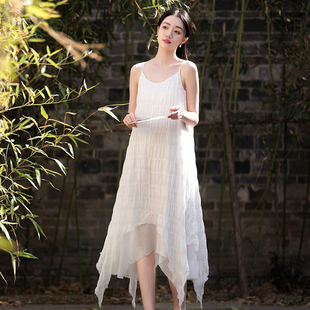 吊带连衣裙夏季新款自制植物染压皱不规则小众旅拍仙气显瘦长裙子