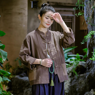 上衣亚麻开衫 立领中式 文艺复古禅意茶服长袖 棉麻盘扣外套2025新款
