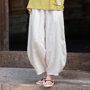 女夏季 禅修打坐练功灯笼裤 新款 亚麻薄款 宽松禅意休闲裤 棉麻九分裤