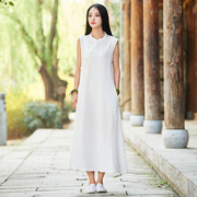 Cotton and linen cheongsam improved version dress 2022 new Chinese literary retro button Zen tea suit sleeveless long skirt