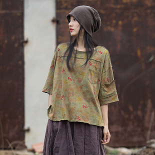 国风上衣女夏季 2026新款印花做旧设计感纯棉体恤文艺复古短袖T恤