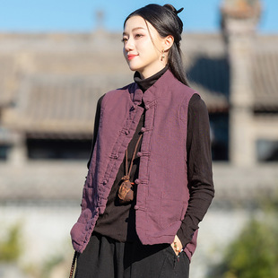 新中式棉服女秋冬新款苎麻盘扣棉坎肩唐装夹棉马甲复古中国风棉袄
