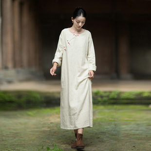 棉麻连衣裙春季新款高端苎麻禅意佛系袍子新中式改良斜襟盘扣长裙