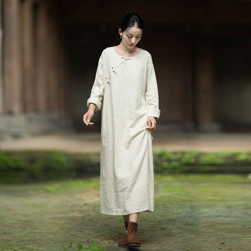 新中式棉麻连衣裙禅意斜襟长裙子