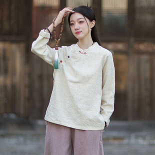 民国风斜襟盘扣新中式衬衫春季新款禅意女装棉麻上衣长袖套头茶服