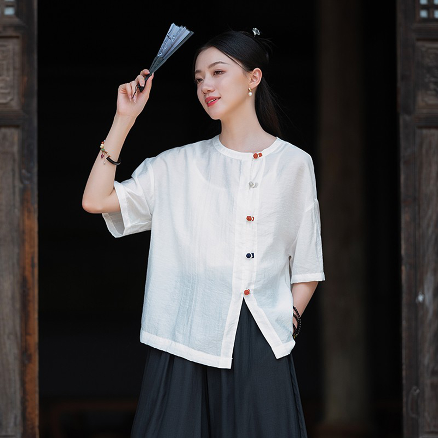 新中式短袖薄款盘扣套头T恤上衣