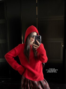 '跨年圣诞新年bi备'100%绵羊毛藏肉肉简约连帽坑条羊毛衫毛衣女冬