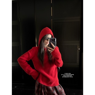 毛衣女冬 100%绵羊毛藏肉肉简约连帽坑条羊毛衫 跨年圣诞新年bi备