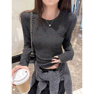 superniniyy 细坑条纹含天丝弹力修身磨毛长袖百搭打底衫T恤秋冬