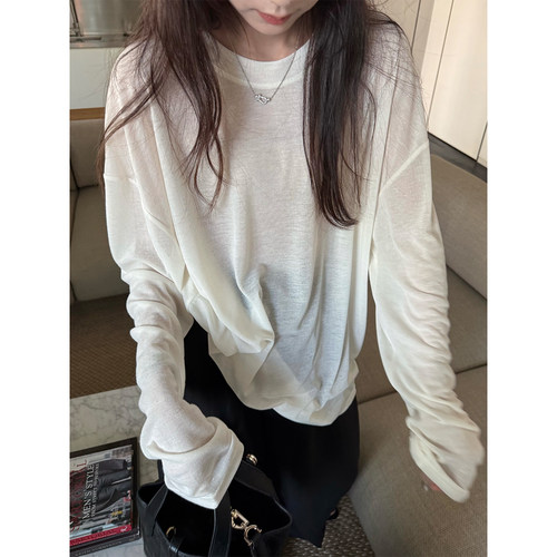 superniniyy 水肌面膜T恤80%天丝柔软圆领宽松显瘦防晒长袖上衣女