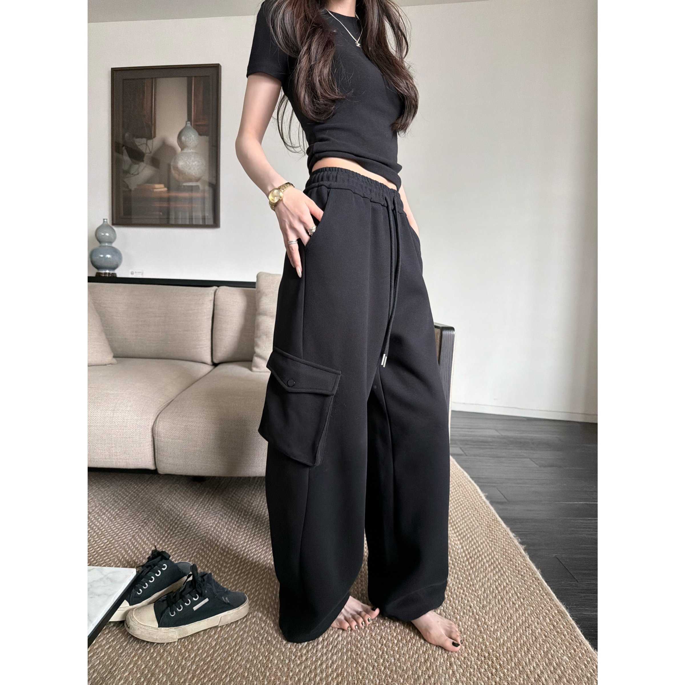 superniniyy 2026酷girl立体口袋复合型品质卫裤宽松休闲阔腿裤女