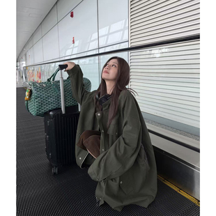 superniniyy 工装风衣 酷酷大件全棉宽松抽绳拉链风衣外套上衣女