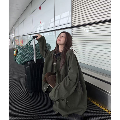 superniniyy 工装风衣 酷酷大件全棉宽松抽绳拉链风衣外套上衣女
