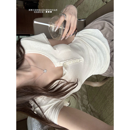 superniniyy 小酒杯&莱赛尔亚麻日常随性慵懒口袋亨利领短袖T恤女