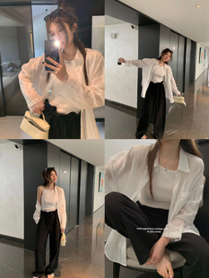 superniniyy 白开水精致微透蕾丝防晒衬衫纹理感宽松长袖白衬衫女