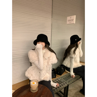 superniniyy 京都日记&中古感洋气短袖斗篷环保皮草无袖毛毛外套