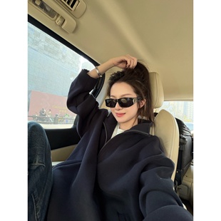 superniniyy 极简少年感立领半拉链加绒加厚高克重落肩套头卫衣女