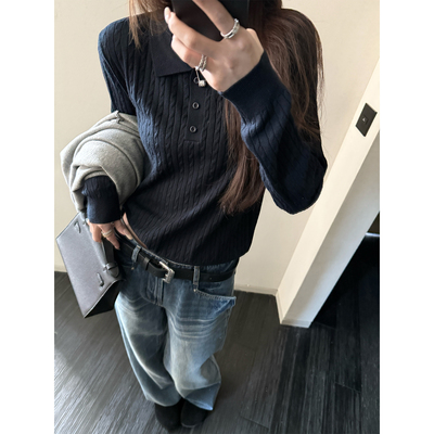 superniniyy 老钱polo 桑蚕丝绵羊毛软糯翻领长袖麻花针织衫上衣