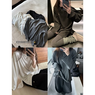 T恤上衣女 秋冬bi备内搭高克重开叉宽松加绒加厚打底衫 封神打底