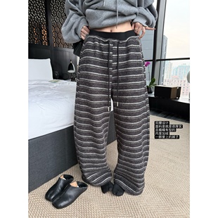 长裤 双腰设计厚实软糯毛呢感加绒条纹微弯刀阔腿裤 女 澳利糯米滋