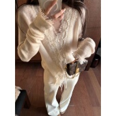 针织衫 superniniyy 100%羊毛拉毛朦胧感奶油色系针绣蕾丝开衫 毛衣