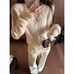 superniniyy 100%羊毛拉毛朦胧感奶油色系针绣蕾丝开衫针织衫毛衣