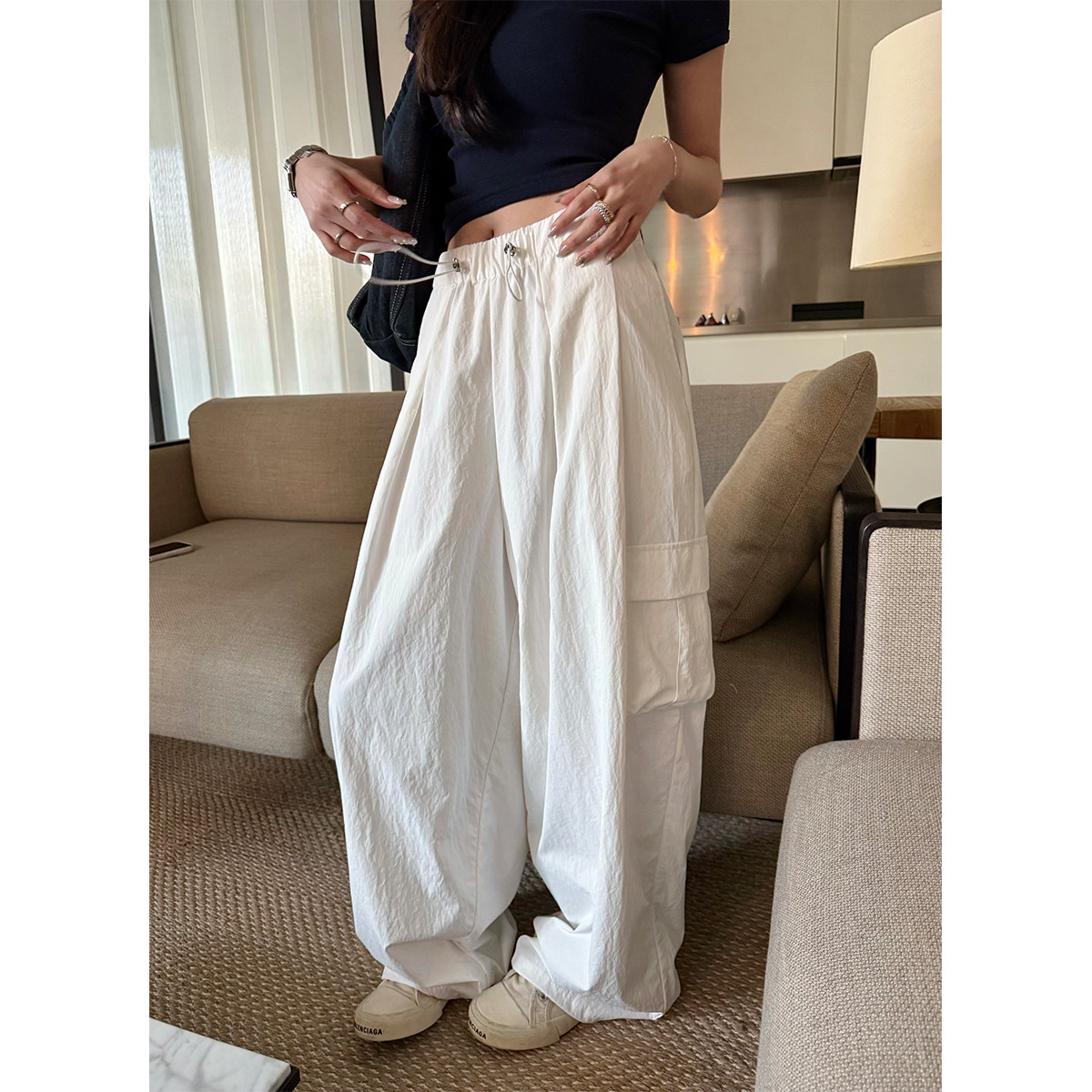 superniniyy 重工水洗户外机能裤抽绳长款宽松工装裤长裤休闲裤女