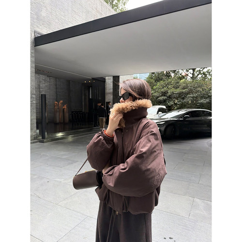 superniniyy 乌木棕仿羊驼毛毛大翻领时髦派克棉服拉链工装外套女